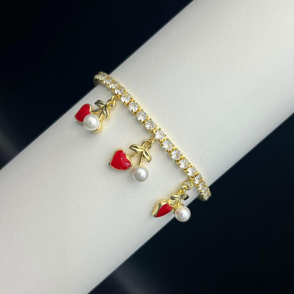 Full Diamond Cherry Zircon Bracelet Heart Crown Pendant - European & American Luxury Fashion