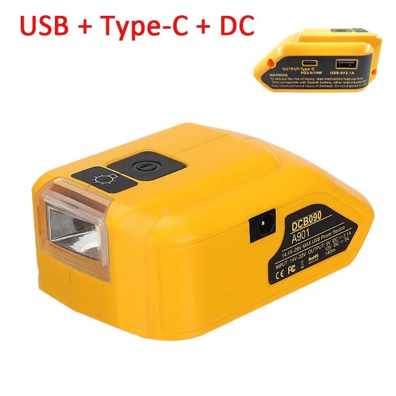 Adapter LED Light Working Lamp USB Power Bank DC 12V Output For Dewalt 14.4V 18V Li-ion Battery DCB140 DCB183 DCB203 Charger
