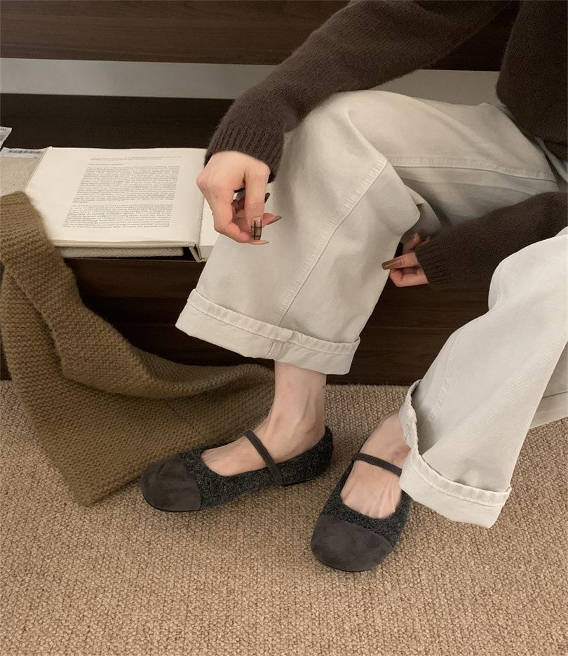 Classic single shoes light and comfortable low heel light mouth suede one-word buckle rubber round head small leather shoes women