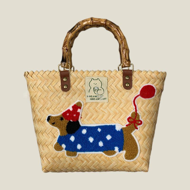 Retro Striped Dachshund Dog Woven Bag Trendy Cute Handbag Large Capacity Tote Bag  Bamboo Handle Vegetable Basket Bag
