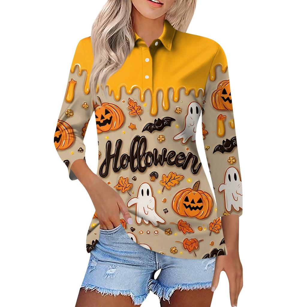 Dammode Casual Revers Kort 3/4 Ärm Halloween Tryck Skjorta Dambutton Up Toppar