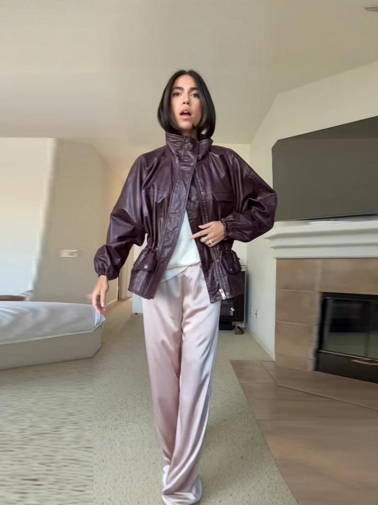 2025 Summer Women's Fashion: Versatile High Neck Long Sleeve Leather Jacket with Adjustable Waist