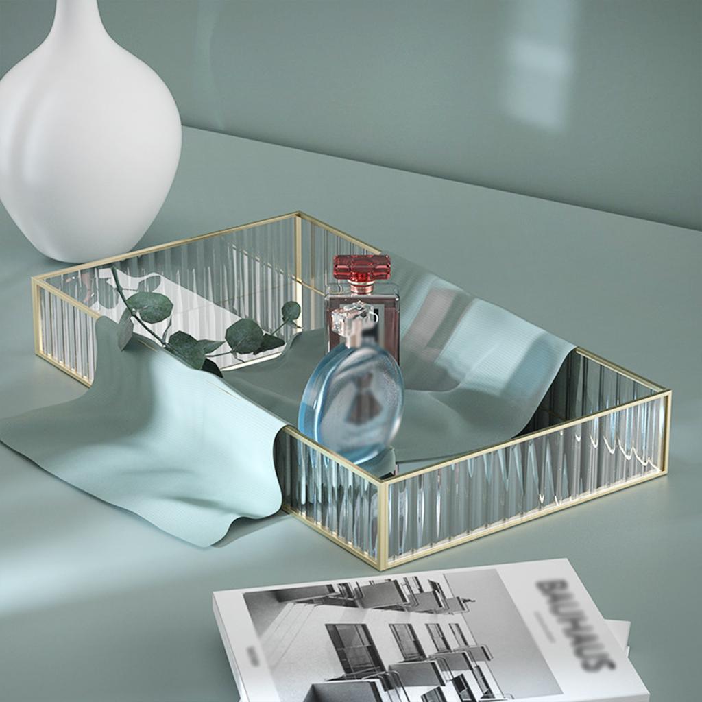 Small Striped Glass Tray with Brass Frame & Mirror Cosmetic Organizer for Vanity Desk