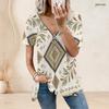 Women Plus Size Ethnic Printed V Neck Ring Zip Short Sleeve Loose Curved Hem Shirt