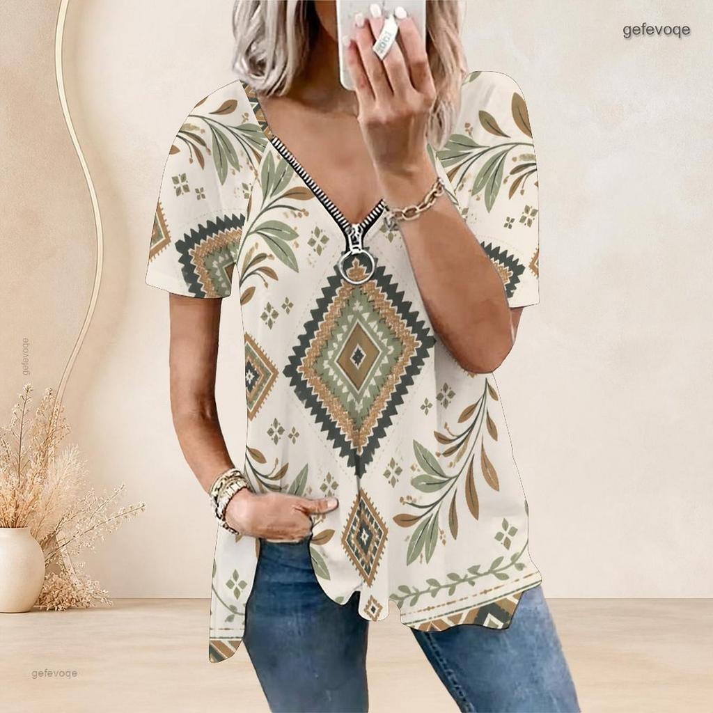 Women Plus Size Ethnic Printed V Neck Ring Zip Short Sleeve Loose Curved Hem Shirt