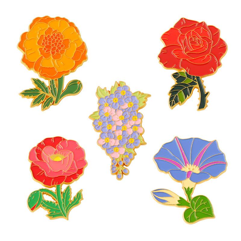 Unique Flower Shaped Brooches In Bright Colors Of Sweet Pea Poppy Marigold Rose And Carnation For Stylish Personal Accessories