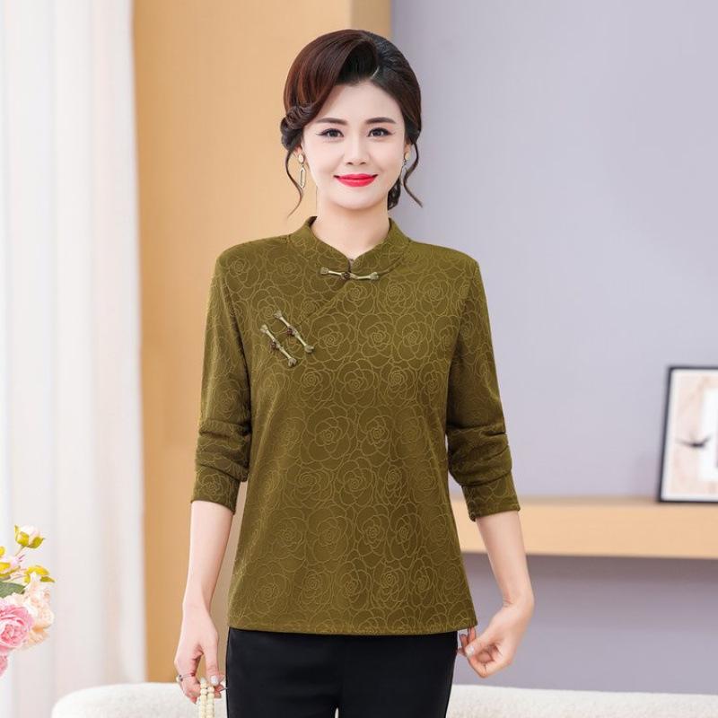 Mid-aged & Elderly Women's Velvet Qipao Top - Warm Winter Layer with Stylish Frog Buttons, Age-Defying Stand Collar