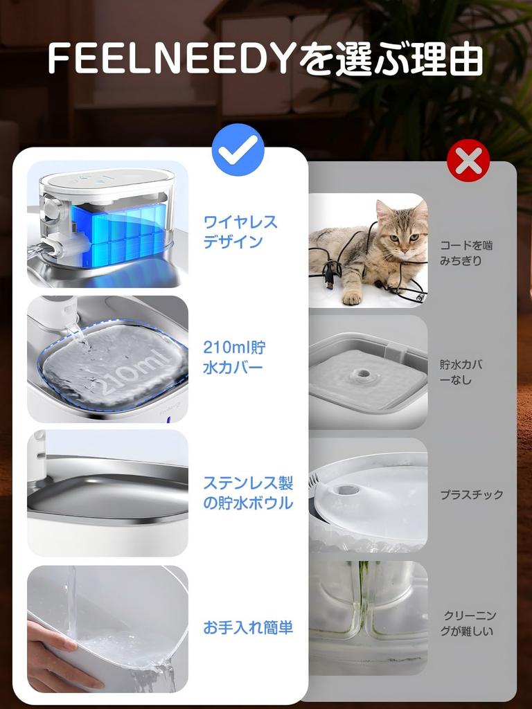 FEELNEEDY Rechargeable Cat Water 4L with 6 Activated Carbon Smart Pet Automatic Water Dispenser with Motion 3 Water Dispensing Wireless Stainless