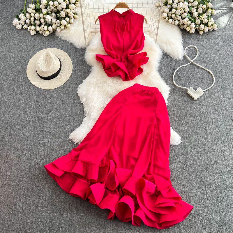 

Stand Collar Ruffled Fishtail Skirt Fashion Suit Red One size