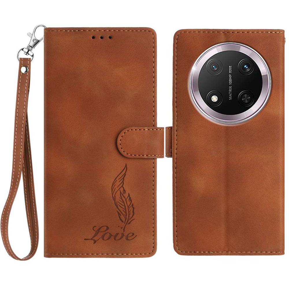 Etui na Honor X9c 5G z nadrukiem pióra, portfel ze skóry PU, pokrowiec na telefon z paskiem na nadgarstek