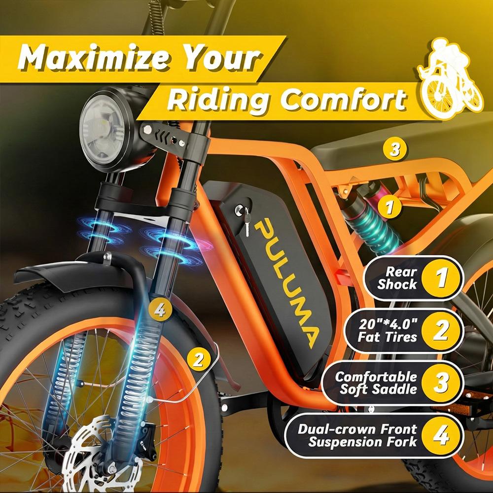 Bicicletta Elettrica Puluma Su8 Motore di Picco 1200W Ruote Grasse 20" Mountain Bike Elettrica per Adulti 52V 20Ah Doppio Freno Idraulico 7 Velocità Carico Massimo 150Kg