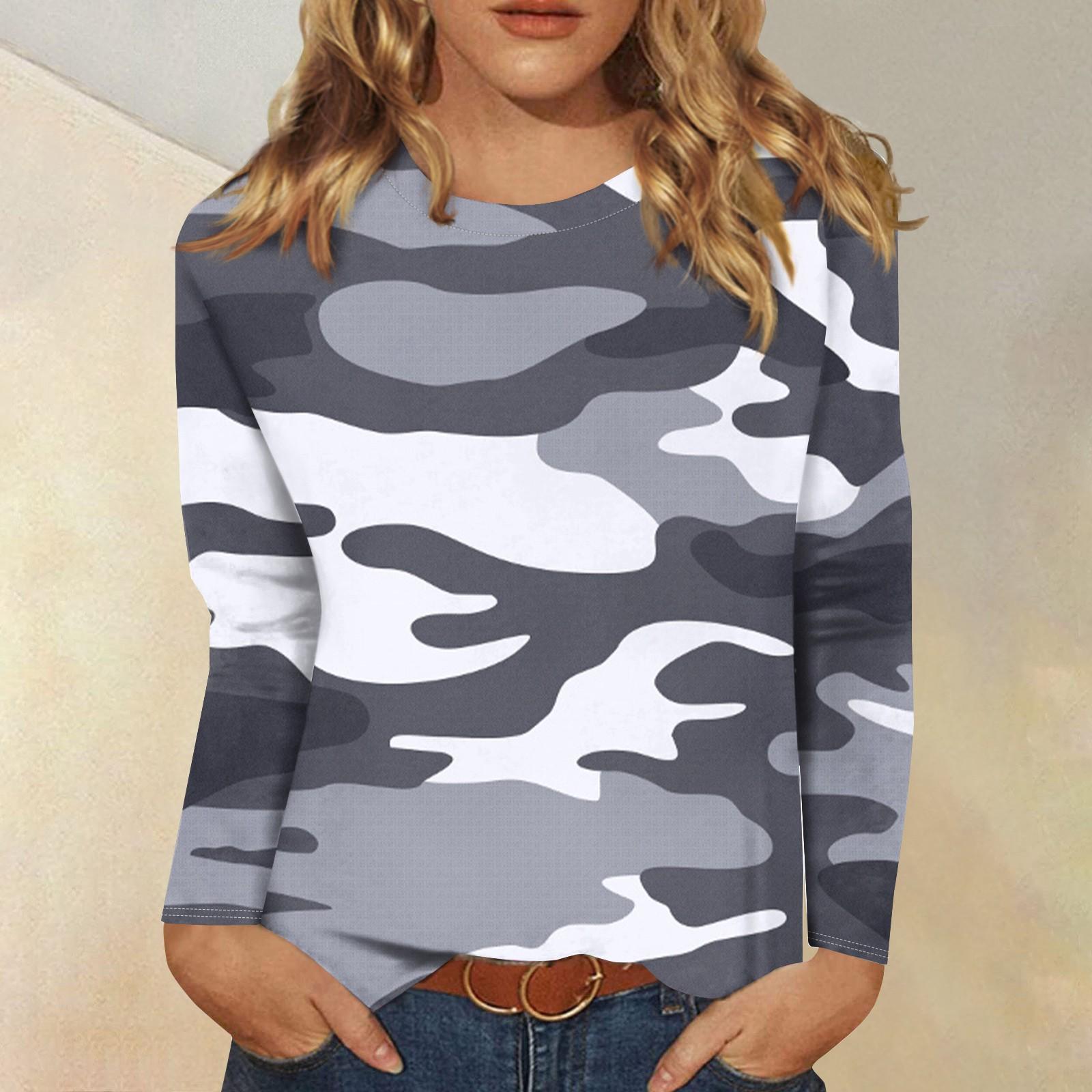 

Женская модная повседневная футболка с длинным рукавом и круглым вырезом с камуфляжным принтом M