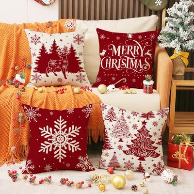 Red Christmas Print Pillow Cover Nordic Style Linen Print Holiday Decoration Living Room Sofa Cushion Cover Pillow
