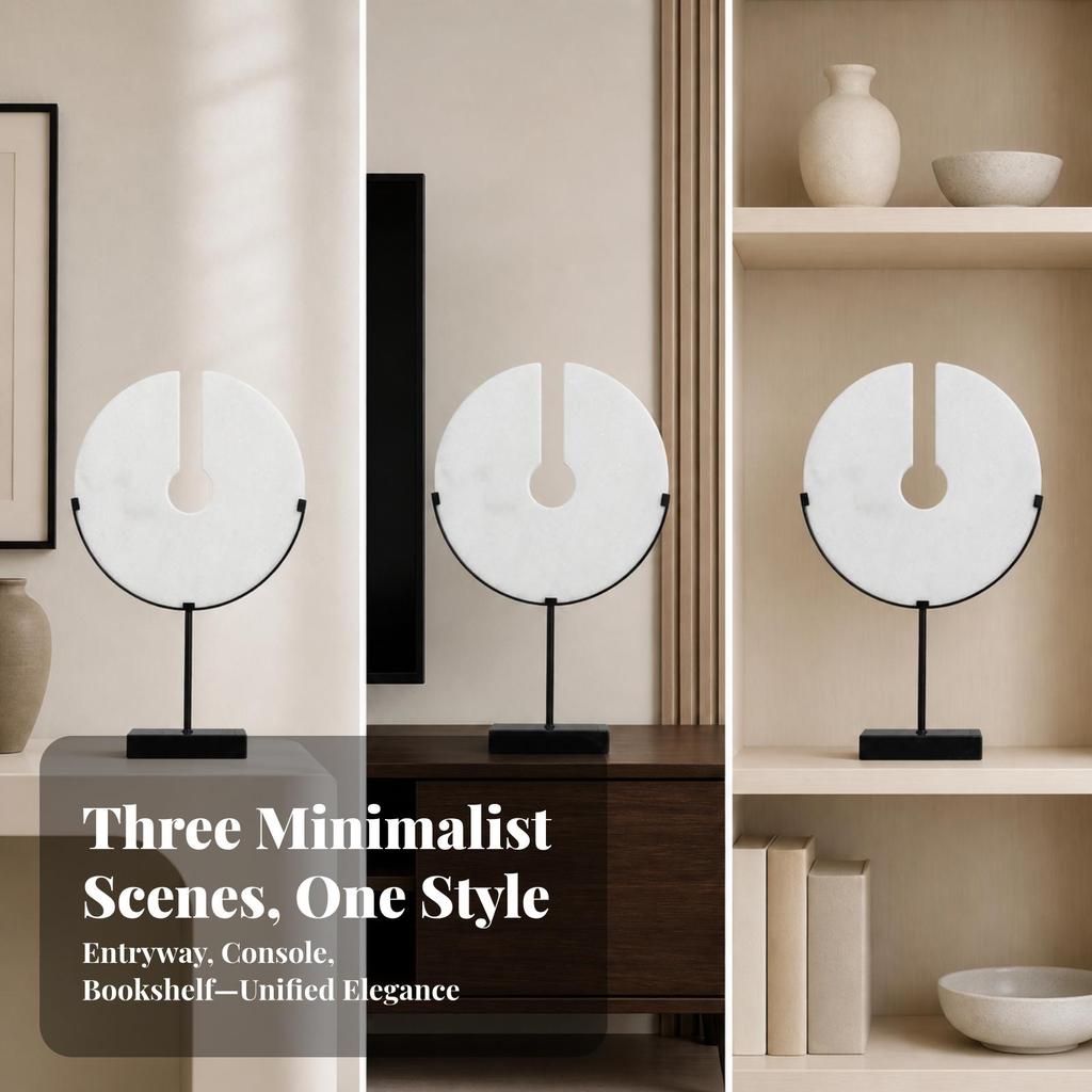 Marble Disc Sculpture with Stand Minimalist Decorative Accent for Bookshelf