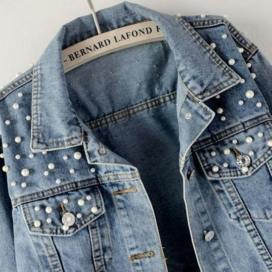 2025 Women's Plus Size Light Blue Denim Jacket with Beaded Rhinestones