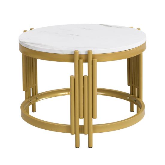Sofa Side Table Modular Coffee Set, Marble Look, Golden Metal Frame, Round Tea Tables in Two Sizes, Nesting Table, Set of 2
