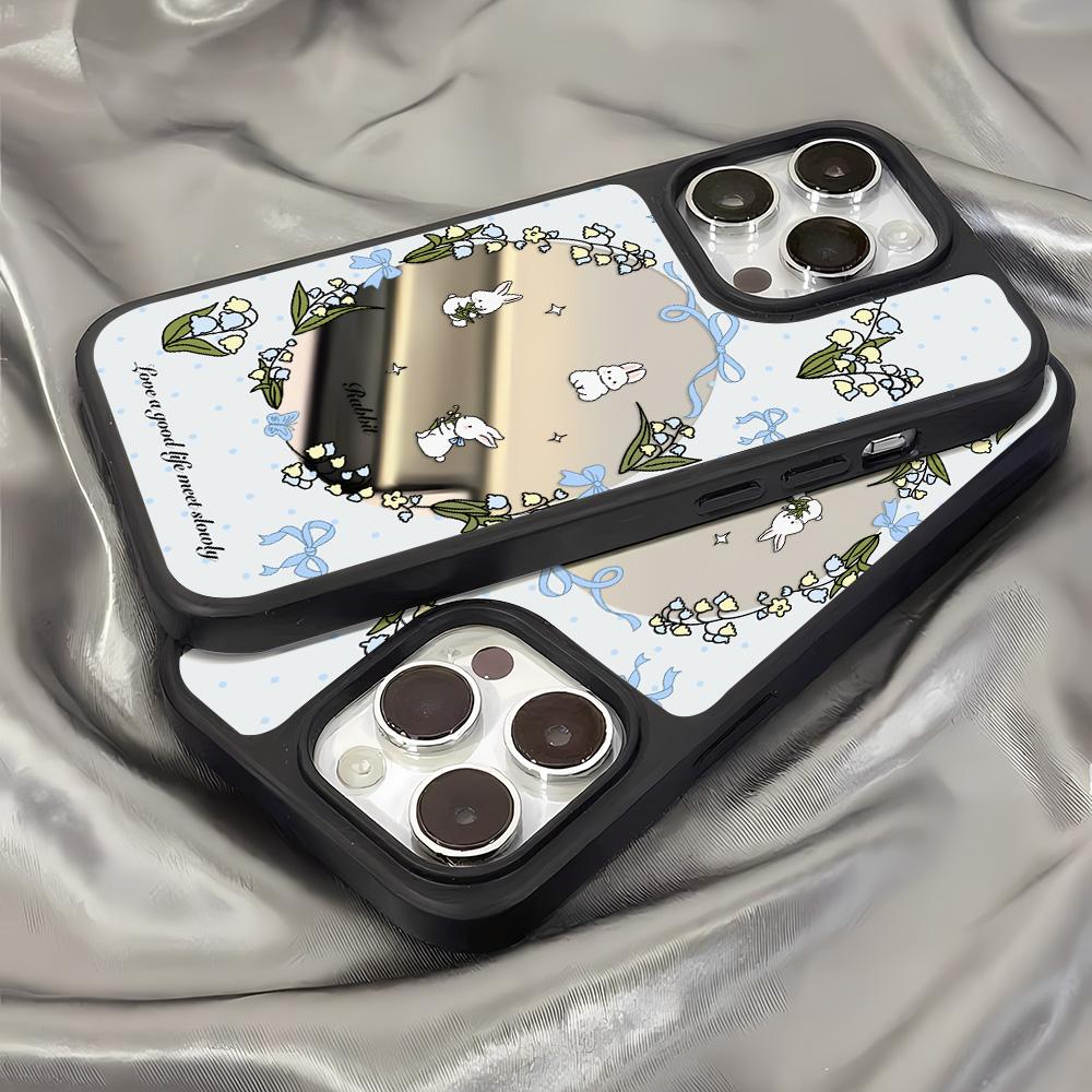 Spiegel Handyhülle für iPhone 15 11 13 14 für 15 16 Pro Max 12 13 16 Pro Wolke Blume und Tier Niedlicher Stil Handyhülle
