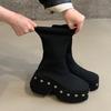 New Thick-Soled Platform Heel Riveted  Ankle Boot Punk-Style Women'S Fall-Winter Stretch Short Boots Heightening Plus Size 42