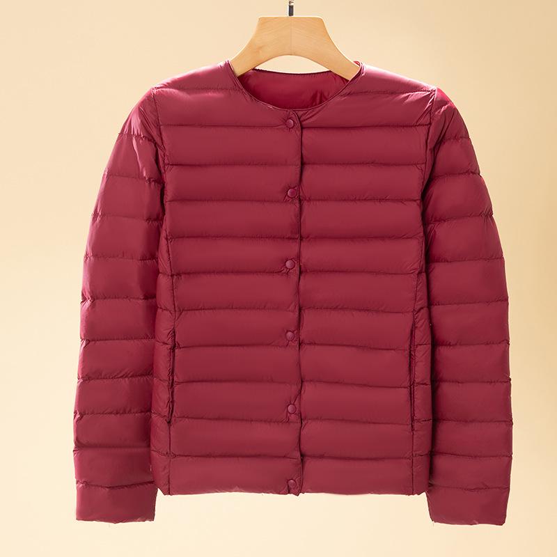 

Women s Lightweight Down Jacket - Short Style V-Neck Crew Neck Long Sleeve Plus Size Outerwear, Autumn/Winter 2026 4XL вина червоного кольору