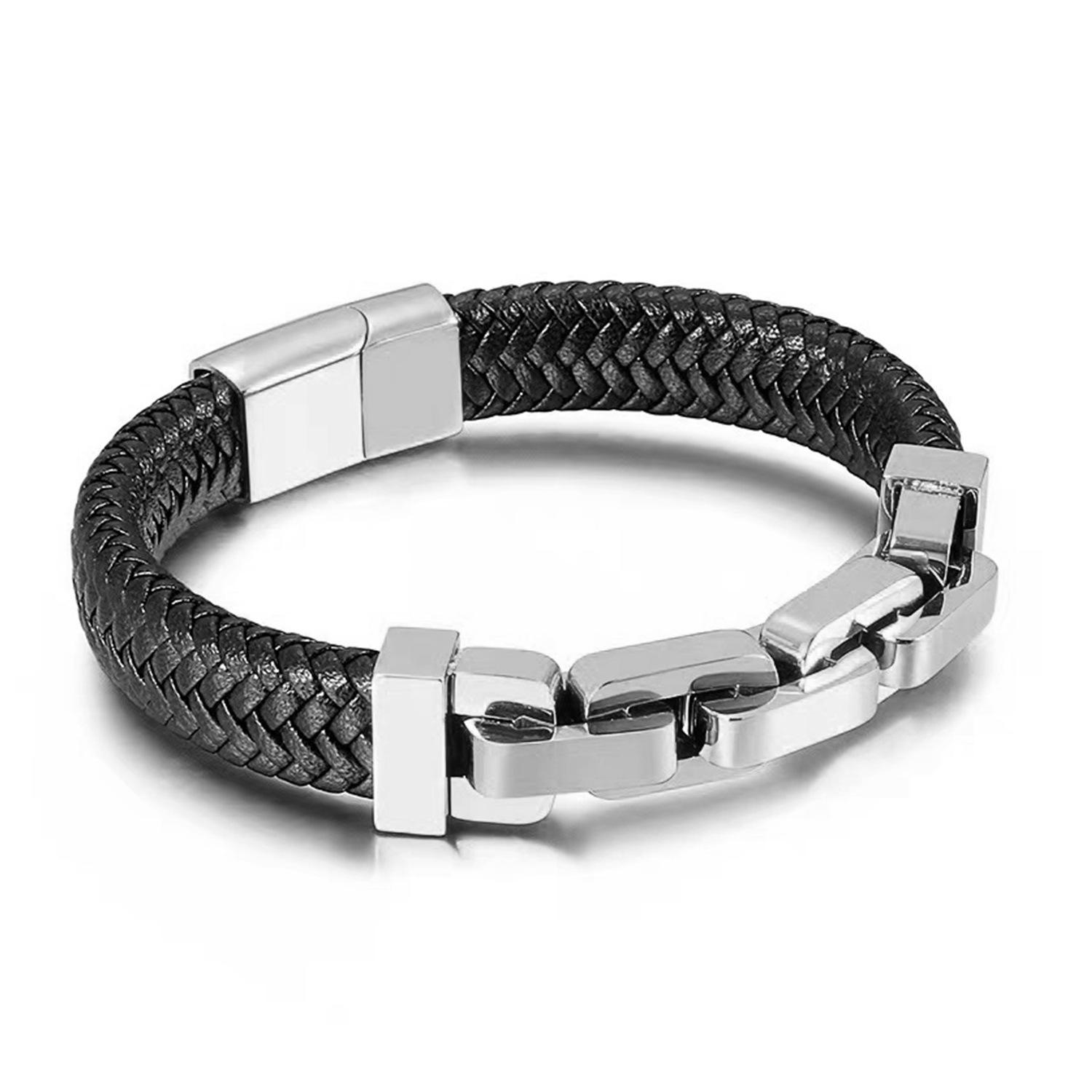 Men s Woven Leather Bracelet Wide square Chain Stitching Leather Jewelry Stainless Steel Bracelet Fashion&19cm