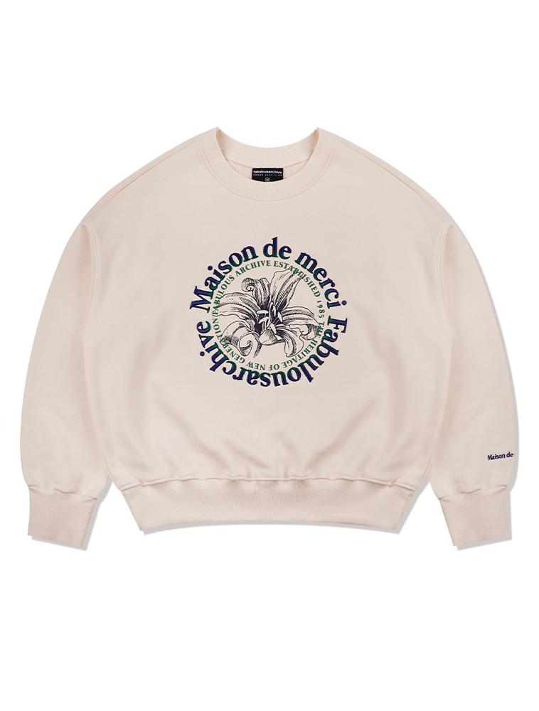 LA MAISON STUDIO Women'S Crop Circle Logo Embossed Le Lis Heavy Terry Sweatshirt Cream Navy (Fcd3Ts701W)