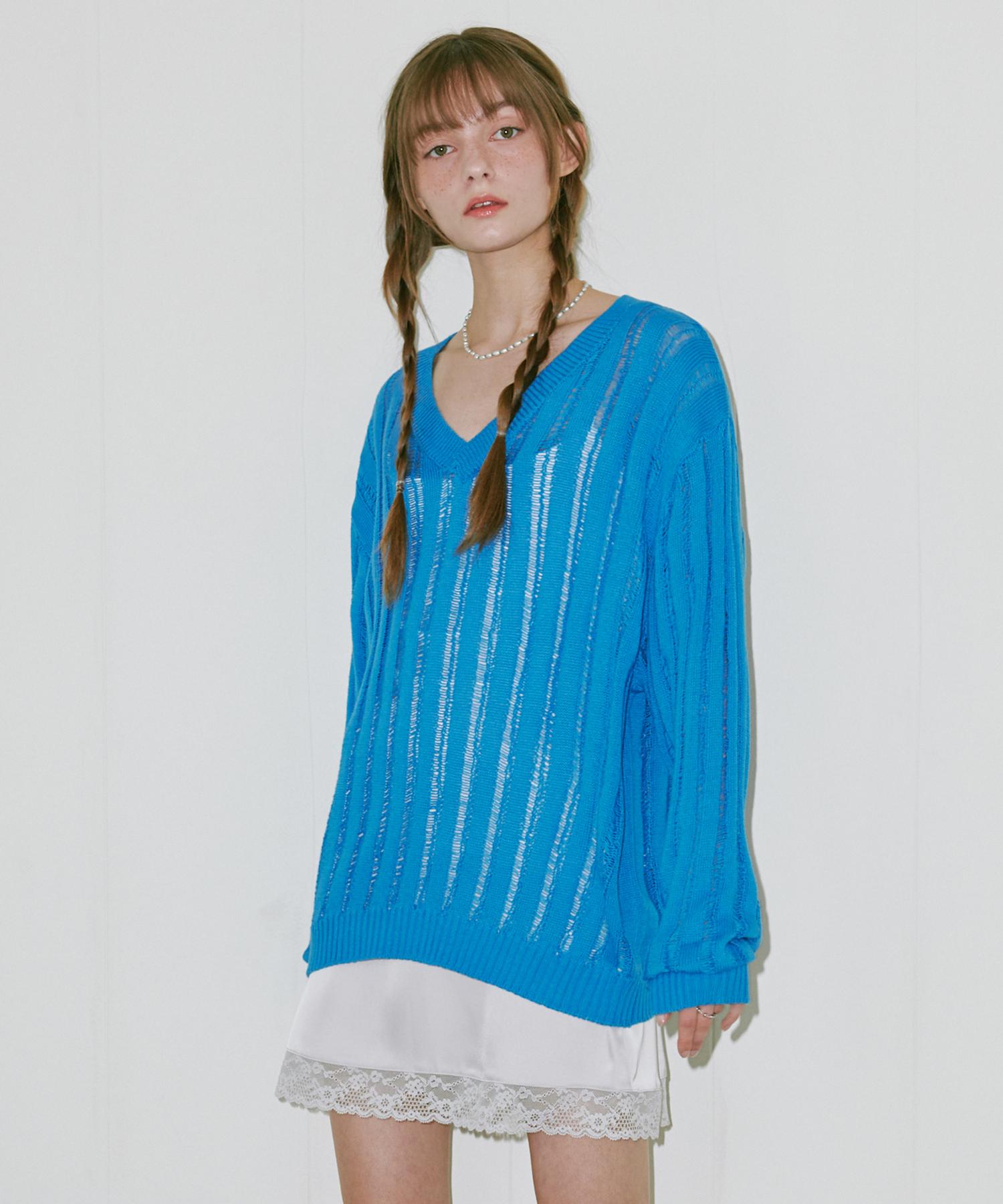 Belloel Slit V-Neck Knit Blue Free