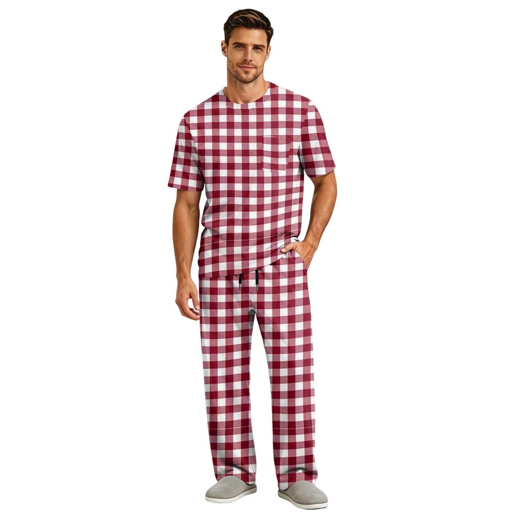 Men's Short Sleeve Pajama Set with Button Fly and Elastic Drawstring Waist for Home Loungewear