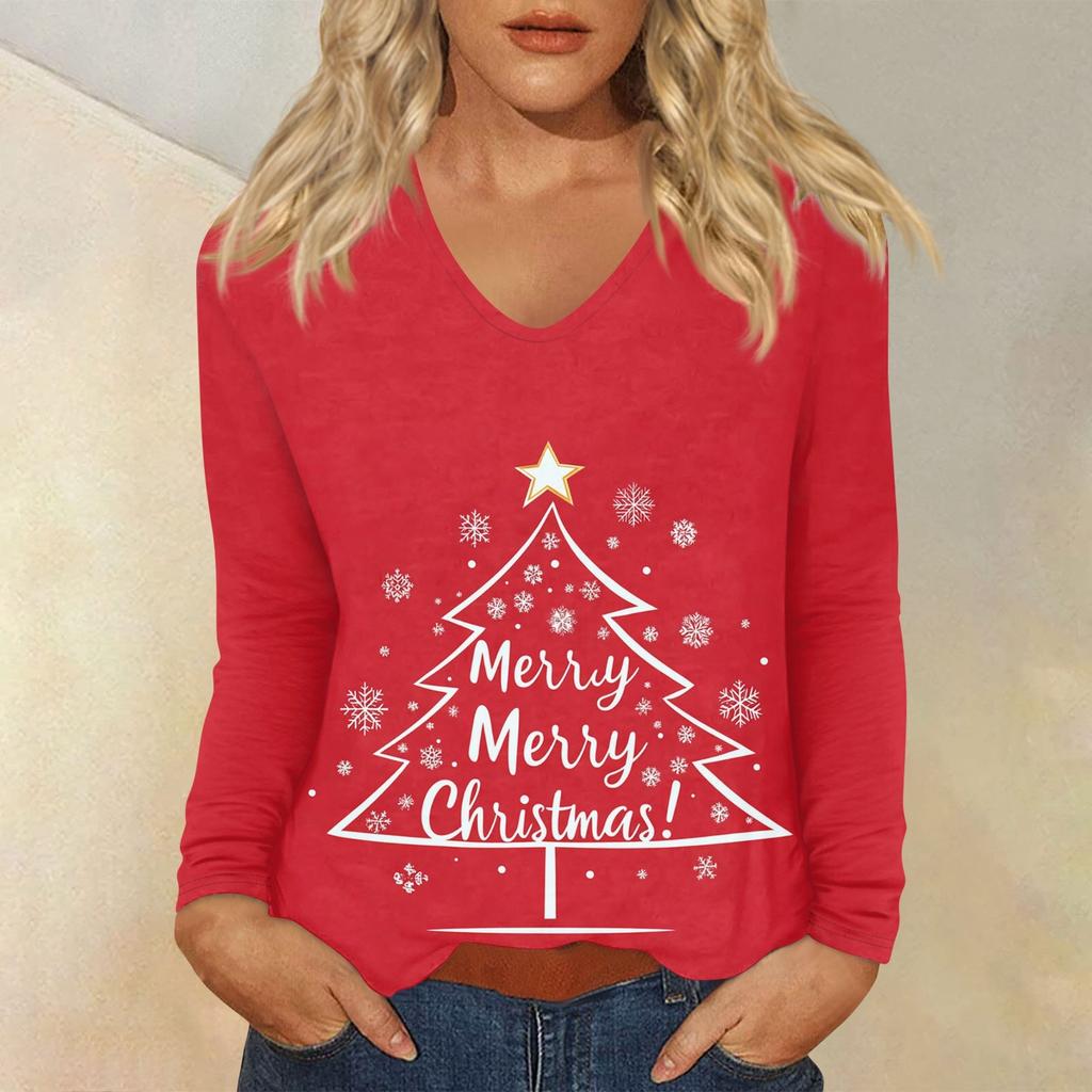 Women's Casual Fashion Christmas Graphic Printed Casual Print Long Sleeve V-Neck Pullover Top Blouse