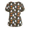 Women's Loose Short Sleeved Fashionable Halloween Print V-neck Buttonable Side Slit Top T-shirt