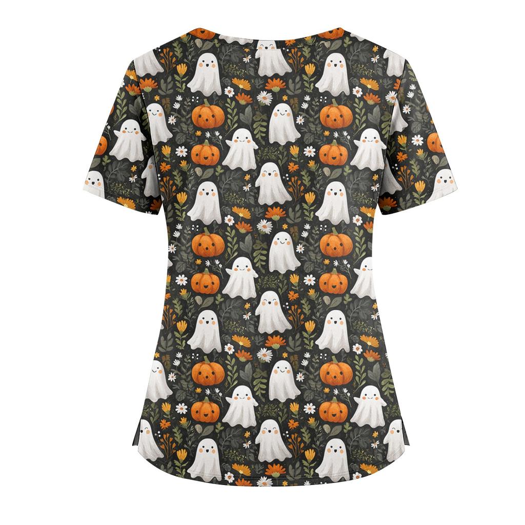 Women's Loose Short Sleeved Fashionable Halloween Print V-neck Buttonable Side Slit Top T-shirt