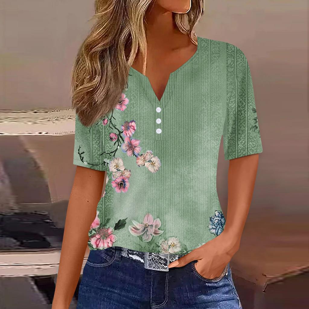 Damska koszulka z nadrukiem, guzikami, krótkim rękawem, codzienna, weekendowa, modna, podstawowa, dekolt w serek, regularna góra