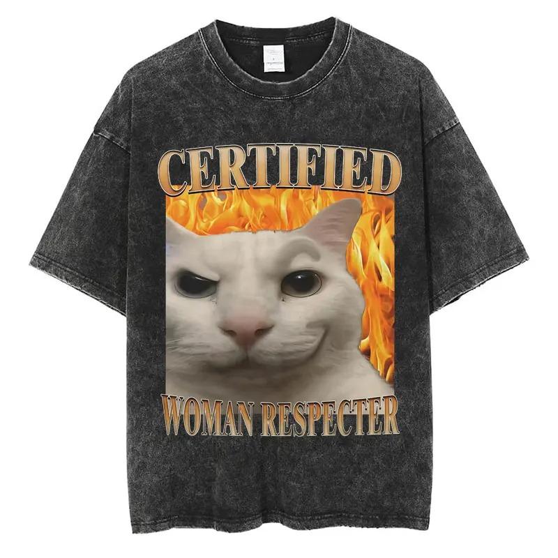 

Certified Women Respecter Funny Cat TShirt Vintage Washed Cotton Retro Graphic Tee Meme Streetwear Harajuku Top 2XL