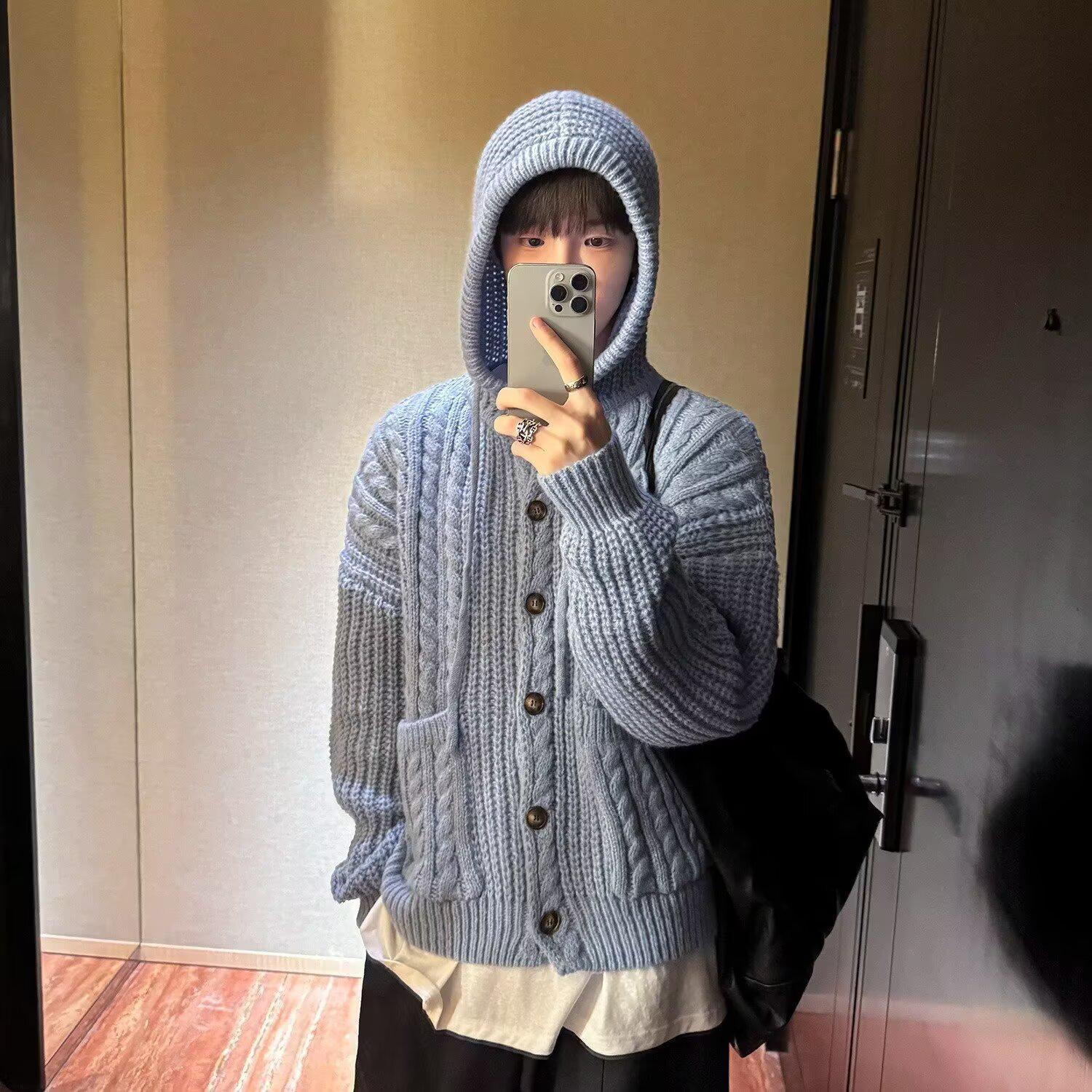 

Korean Retro Hooded Cable Knit Long-Sleeve Cardigan M синій