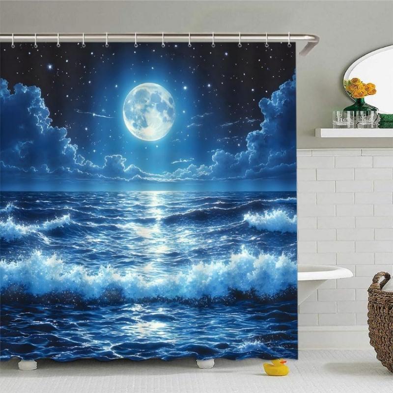 Ocean Sea Waves Shower Curtain Fantasy Blue Night Sky Nautical Moon Romantic Clouds Stars Dreamy Nature Seascape Starry Reflect 90x180CM
