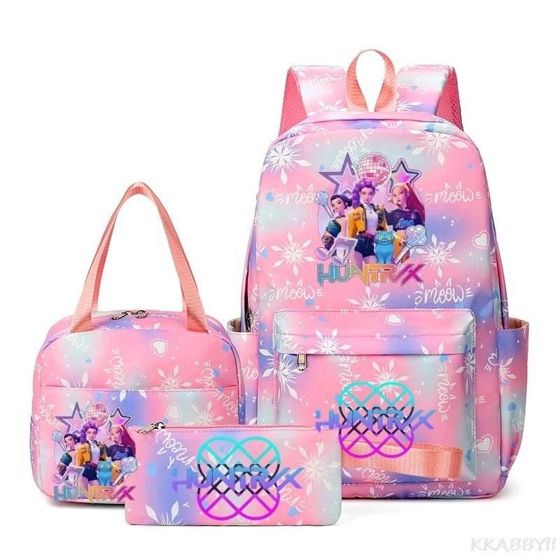 KPOP Nylon 3 Piece Set School Backpack for Students with Cartoon Print Air Cushion Design