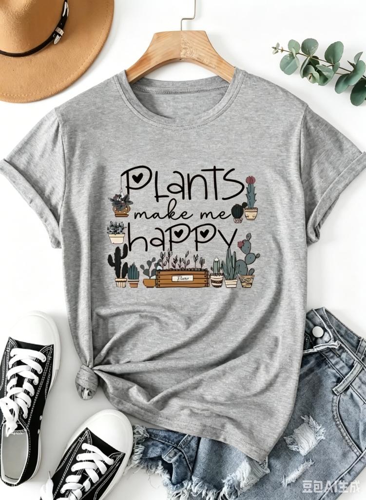 Plants Make Me Happy Unisexs Tee Cute Plant Lover Graphic Casual Green Top