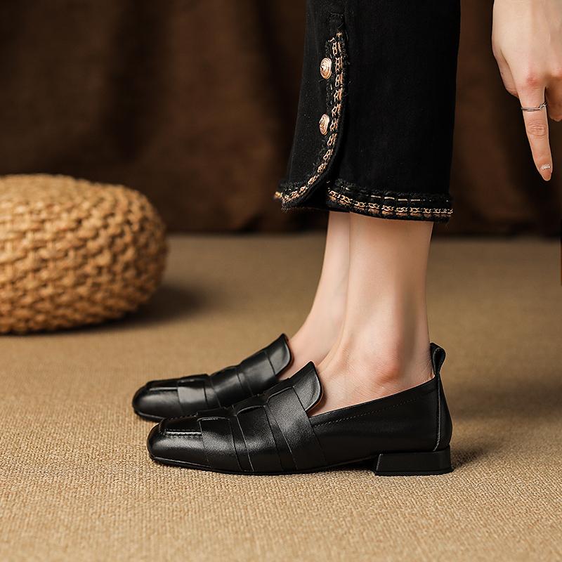 Mode 2025 NEU Herbst Damen Loafers Echtes Leder Damenschuhe Quadratische Zehenpartie Klobiger Absatz Schuhe Damen Pumps Weiche Damenschuhe