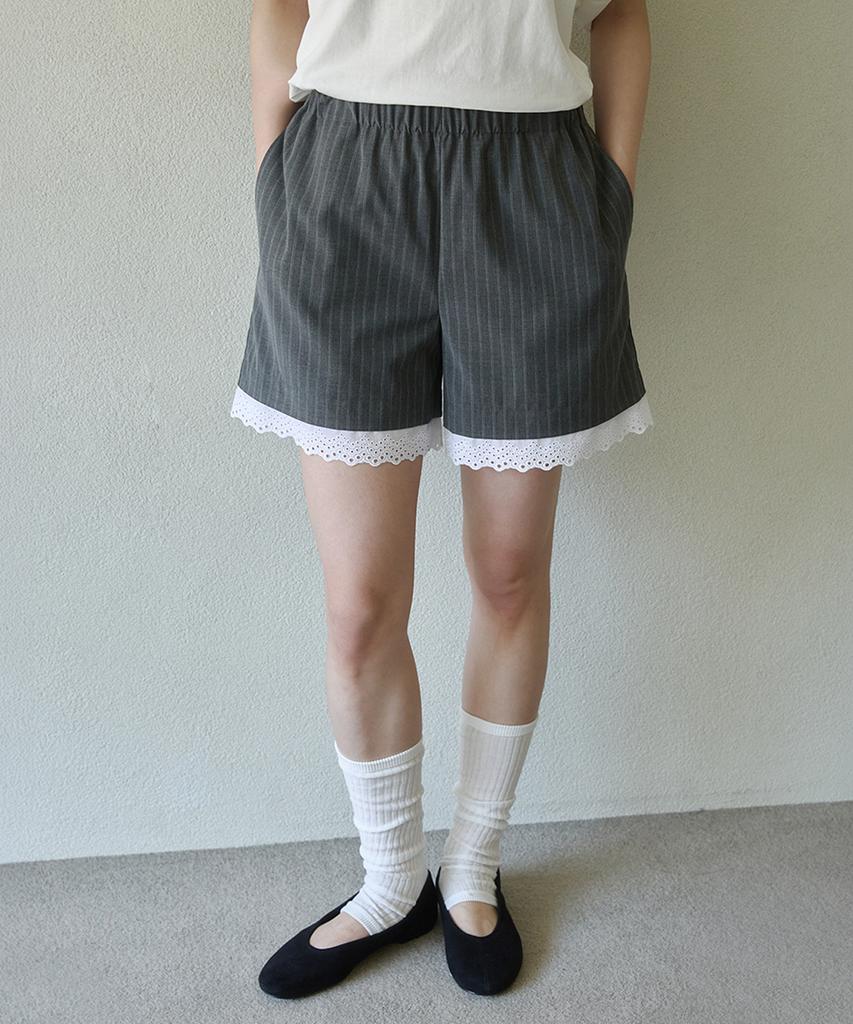 LOVLOV Pinstripe Lace Trim Shorts_Grey Stripe