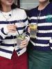 26s CrossMARDI Women's Striped Daisy Cardigan – Trendy, Versatile Knitwear with Round Neck and Single-Breasted Design