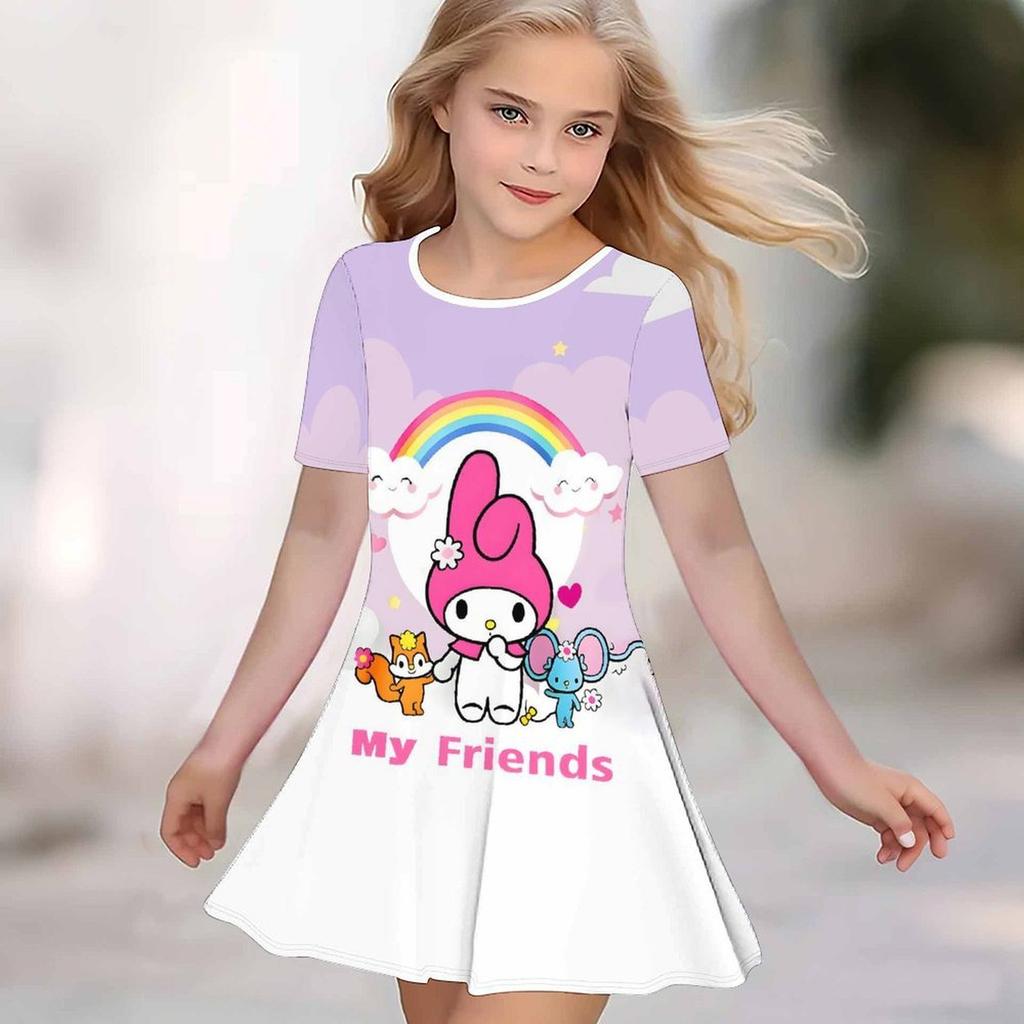 Girls 3D Print Dresses Kids Girl Party Short Sleeve Princess Dress Tank 3D Moe Cartoon Print Dress