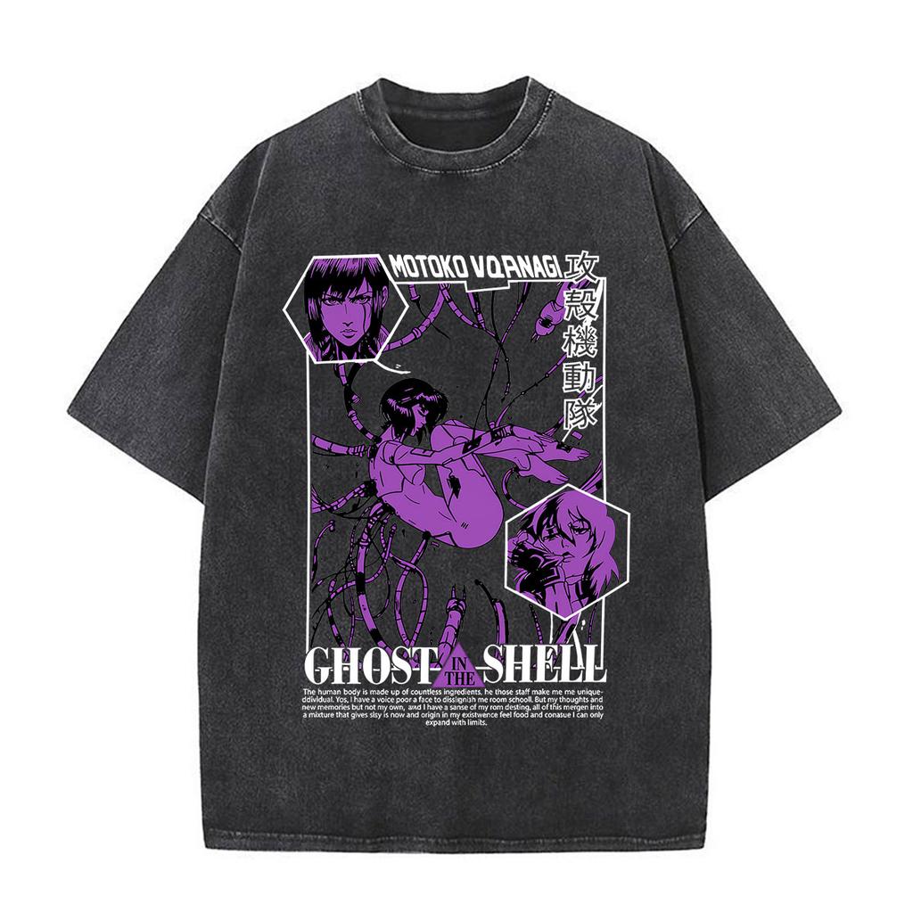 Camisetas Gráficas Vintage Lavadas de Anime Ghost in The Shell Motoko Kusanagi para Hombre y Mujer Moda Camisetas de Manga Corta Oversize