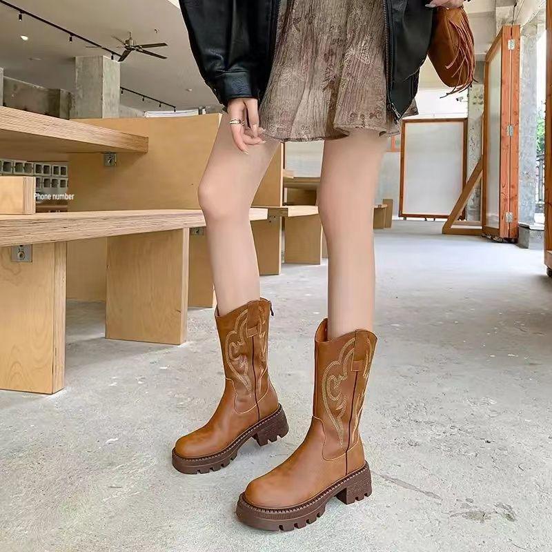 Retro Soft Leather Thick Sole Western Cowboy Mid-Calf Boots for Women, Autumn/Winter Martin Style