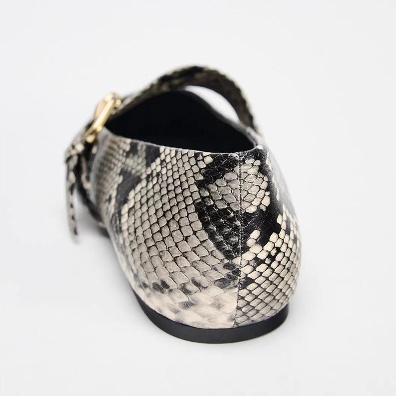 American Style Flat Shoes Women Spring and Autumn New Fashion Square Head Snake Print Line with Mary Jane Single Sh