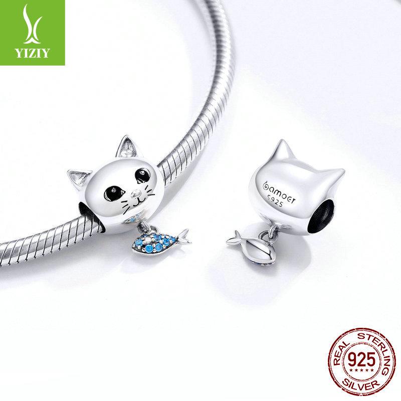 Yinziyun S925 Silver Cat & Fish Beads with Oil Drop Design - Cute DIY Jewelry Accessories (BSC226)
