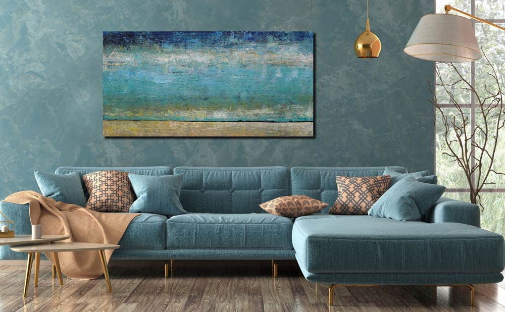 BWA Painting Interior Varnished Wall Art 100cm x 50cm Art Panel Art Board Nordic Ocean Blue Oil Painting Abstract (Waterfront no. 2)