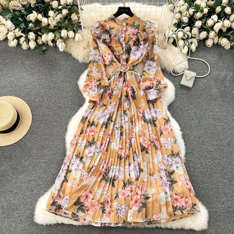 

Tea Break French Style Silm Floral Chiffon Pleated Dress Khaki One size