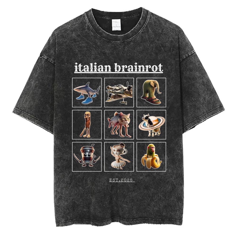 Bombardiro Crocodilo Crocodile Plane Bomber Funny Meme Washed Vintage T-shirt Men Women Casual Italian Brainrot Humor Style Tees