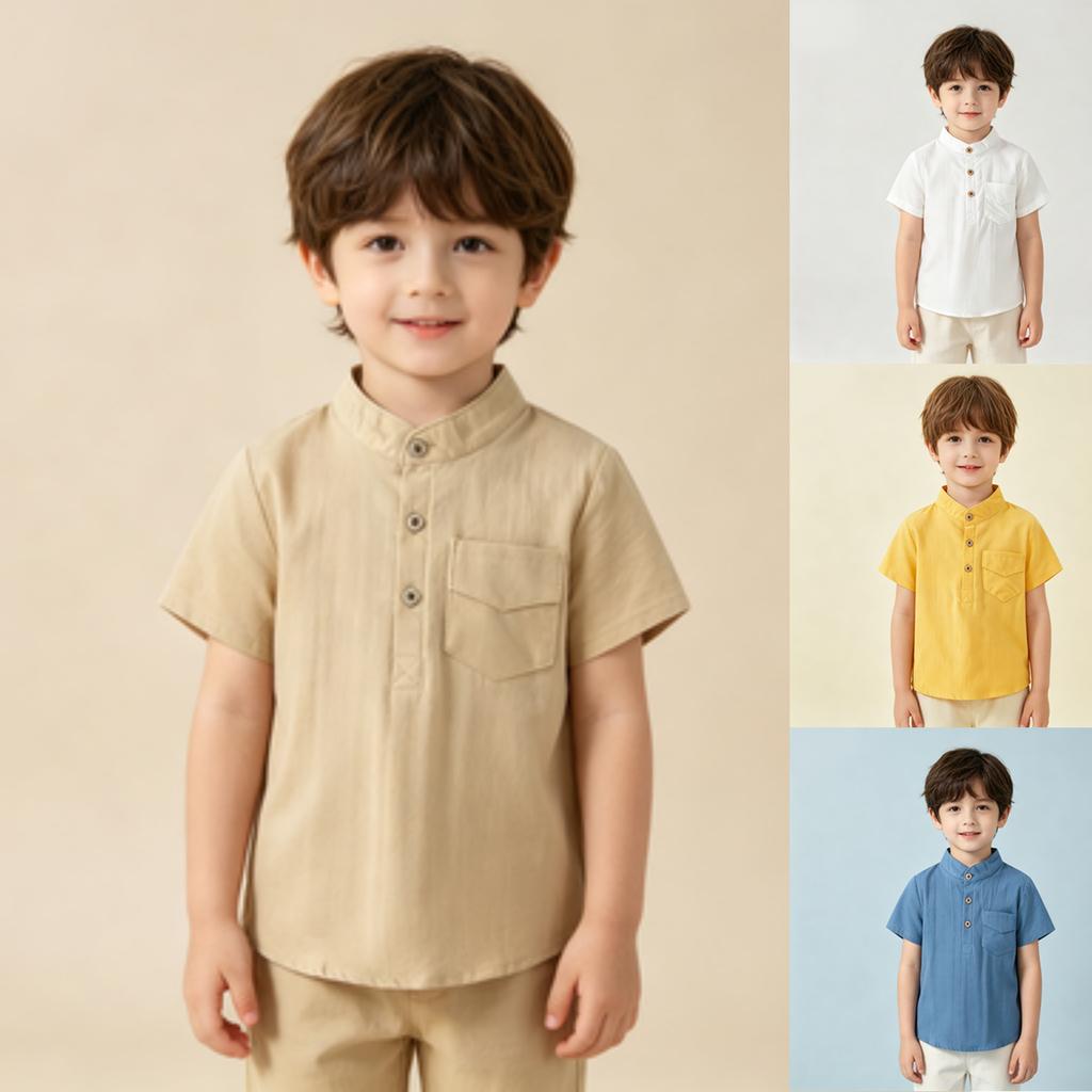Men's Short Sleeve Cotton Shirt Mandarin Collar Casual Soft Wicking Breathable for Everyday Wear