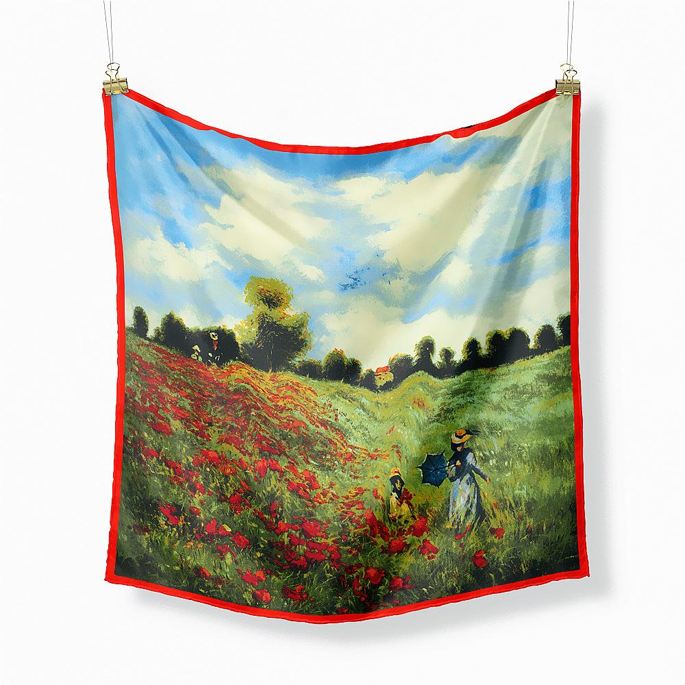 Famous Oil Painting Twill 100% Silk Scarf Fashion Bandana Women Scarf Wraps 53cm Square Scarves Hijab Head Scarf Neckerchief