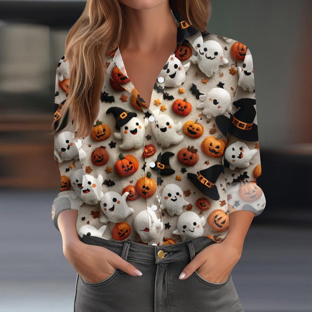 Damen Hemd Bluse Halloween Print Knopf Langarm Lässig Basic Hemdkragen Regulär Top